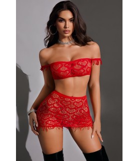 Ensemble top et jupe résille rouge - J Lingerie