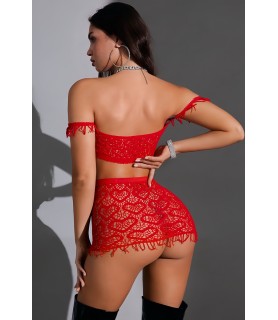 Ensemble top et jupe résille rouge - J Lingerie