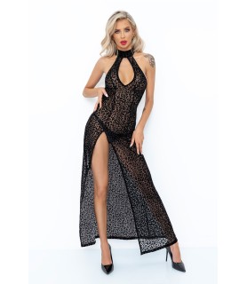 Robe longue fendue en tulle léopard F288